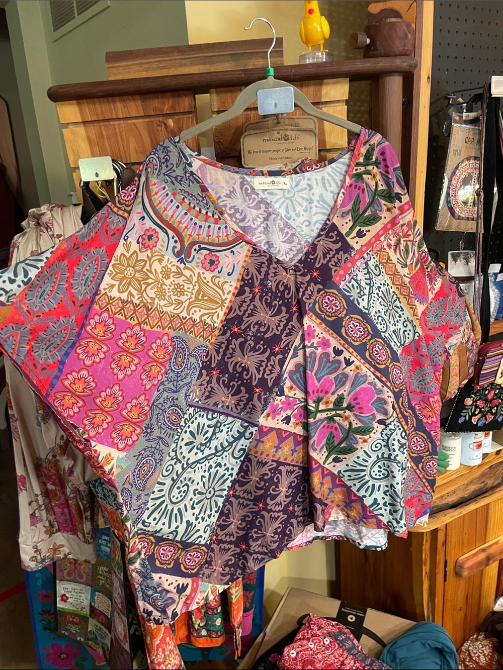 Natural Life Easy V-Neck Top Multicolor Patchwork V-Neck Blouse XL NWOT